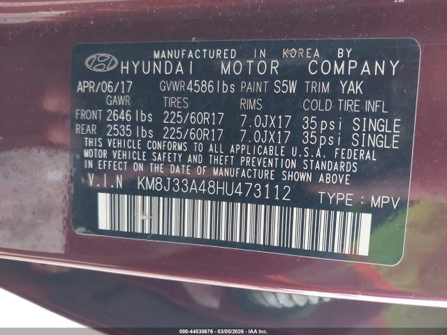 KM8J33A48HU473112 Hyundai Tucson Se Plus