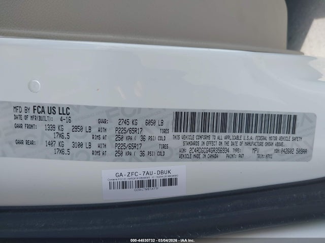 2C4RDGCG4GR356934 Dodge Grand Caravan Sxt