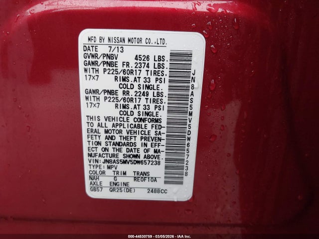 2013 Nissan Rogue Sv მანქანა იყიდება აუქციონზე, vin: JN8AS5MV5DW657238, აუქციონის ნომერი: 44530759
