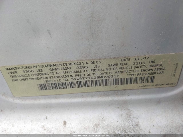 44530806 :رقم المزاد ، 3VWRZ71K08M090312 vin ، 2008 Volkswagen Jetta Se مزاد بيع