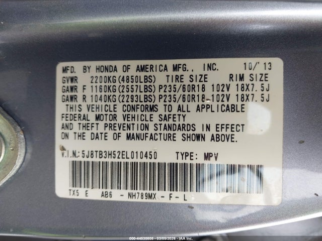44530808 :رقم المزاد ، 5J8TB3H52EL010450 vin ، 2014 Acura Rdx مزاد بيع