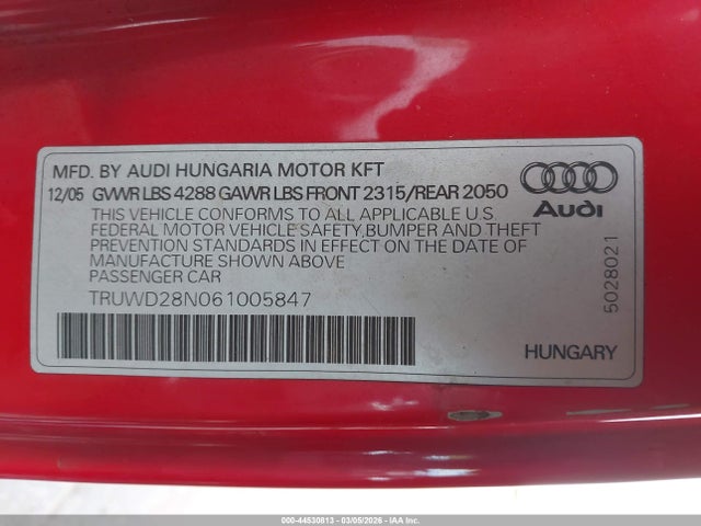 Продаж на аукціоні авто 2006 Audi Tt 3.2l, vin: TRUWD28N061005847, номер лоту: 44530813