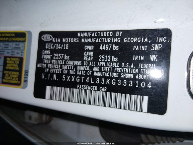44530842 :رقم المزاد ، 5XXGT4L33KG333104 vin ، 2019 Kia Optima Lx مزاد بيع