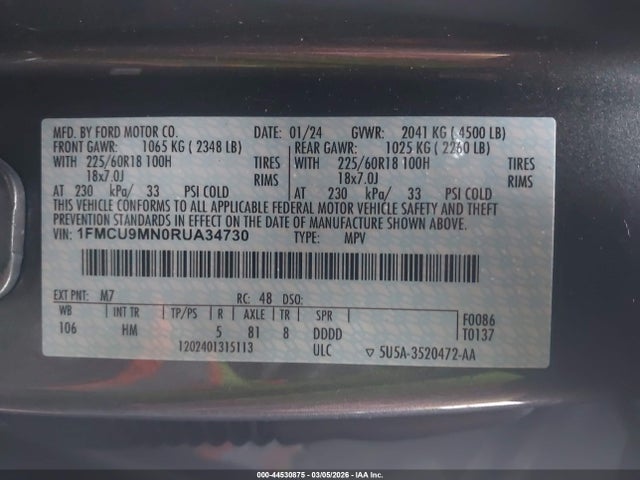 Продажа на аукционе авто 2024 Ford Escape St-line, vin: 1FMCU9MN0RUA34730, номер лота: 44530875