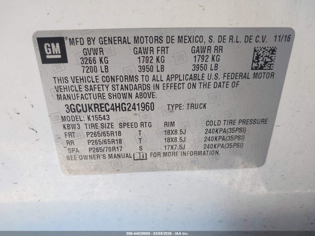 3GCUKREC4HG241960 Chevrolet Silverado 1500 2lt