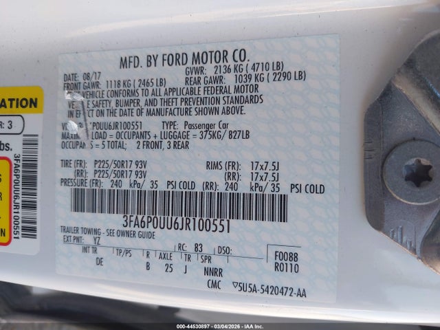 3FA6P0UU6JR100551 Ford Fusion Hybrid S