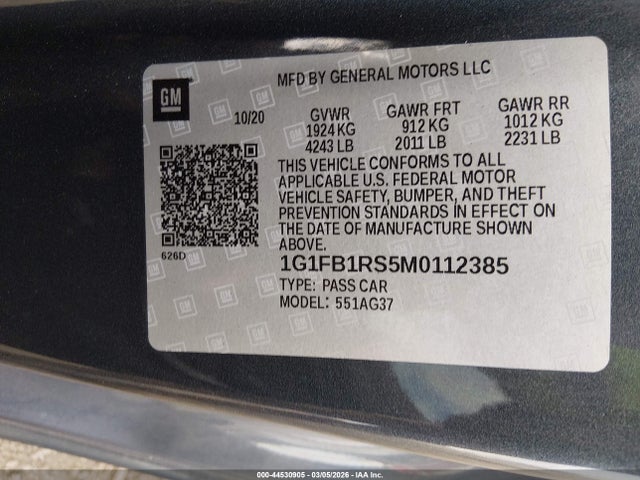 Aukcja sprzedaży 2021 Chevrolet Camaro Rwd  1lt, vin: 1G1FB1RS5M0112385, numer aukcji: 44530905