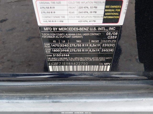44530906 :رقم المزاد ، 4JGBF71E98A422750 vin ، 2008 Mercedes-benz Gl 450 4matic مزاد بيع