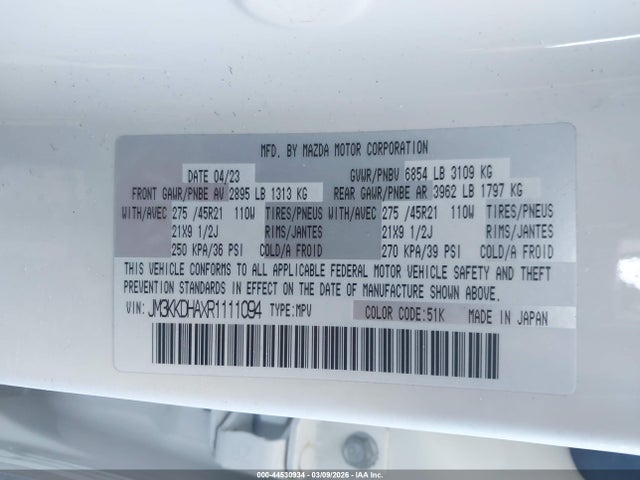 44530934 :رقم المزاد ، JM3KKDHAXR1111094 vin ، 2024 Mazda Cx-90 Phev Premium مزاد بيع