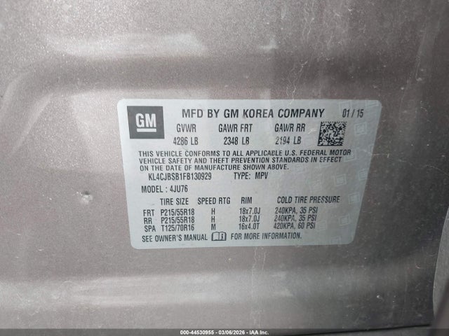 44530955 :رقم المزاد ، KL4CJBSB1FB130929 vin ، 2015 Buick Encore Convenience مزاد بيع