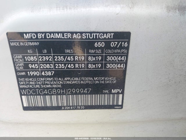 Продаж на аукціоні авто 2017 Mercedes-benz Gla 250 4matic, vin: WDCTG4GB9HJ299947, номер лоту: 44530956