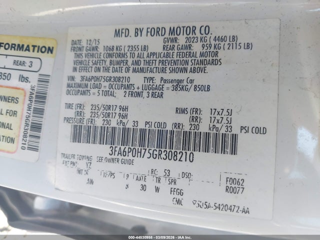 Продажа на аукционе авто 2016 Ford Fusion Se, vin: 3FA6P0H75GR308210, номер лота: 44530958