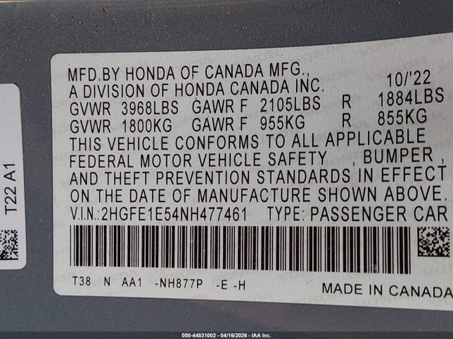 44531002 :رقم المزاد ، 2HGFE1E54NH477461 vin ، 2022 Honda Civic Si Sedan مزاد بيع