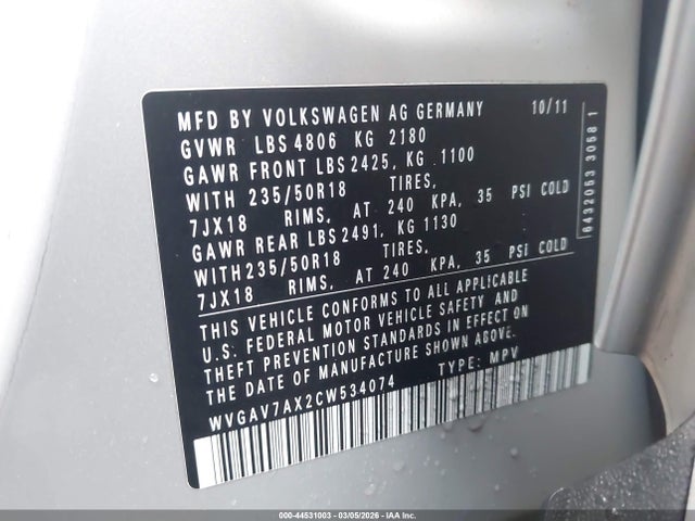 44531003 :رقم المزاد ، WVGAV7AX2CW534074 vin ، 2012 Volkswagen Tiguan Se مزاد بيع