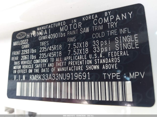 44531072 :رقم المزاد ، KM8K33A33NU919691 vin ، 2022 Hyundai Kona N Line مزاد بيع