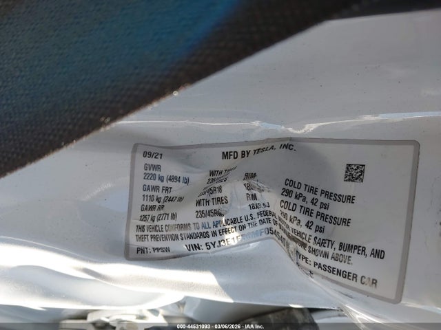 Aukcja sprzedaży 2021 Tesla Model 3 Long Range Dual Motor All-wheel Drive, vin: 5YJ3E1EB6MF054540, numer aukcji: 44531093
