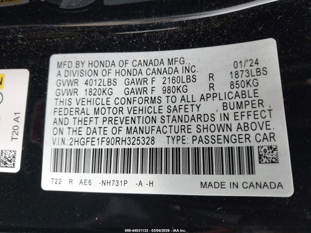Honda Civic Touring 2024 2HGFE1F90RH325328 Image 9
