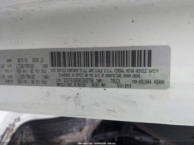 2019 Ram Promaster 1500 High Roof 136 Wb მანქანა იყიდება აუქციონზე, vin: 3C6TRVBG5KE565758, აუქციონის ნომერი: 44531142