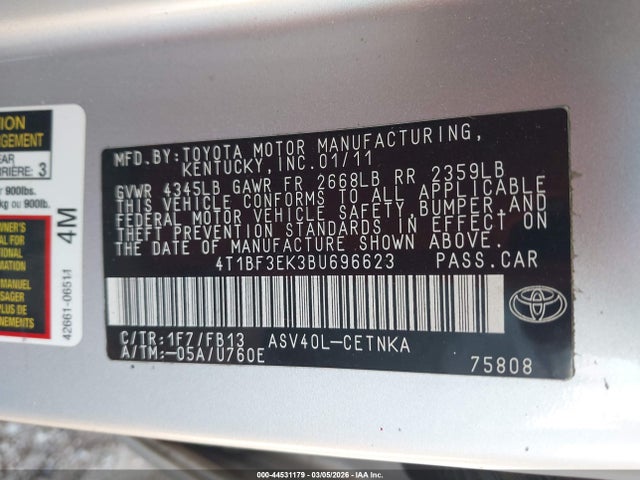 Aukcja sprzedaży 2011 Toyota Camry Le, vin: 4T1BF3EK3BU696623, numer aukcji: 44531179