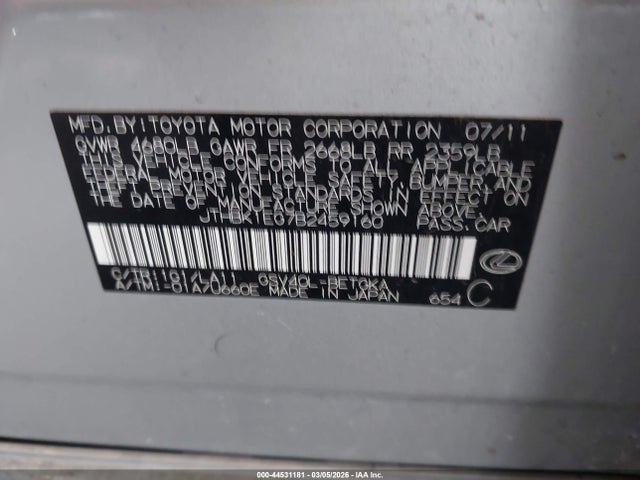 Aukcja sprzedaży 2011 Lexus Es 350, vin: JTHBK1EG7B2459160, numer aukcji: 44531181
