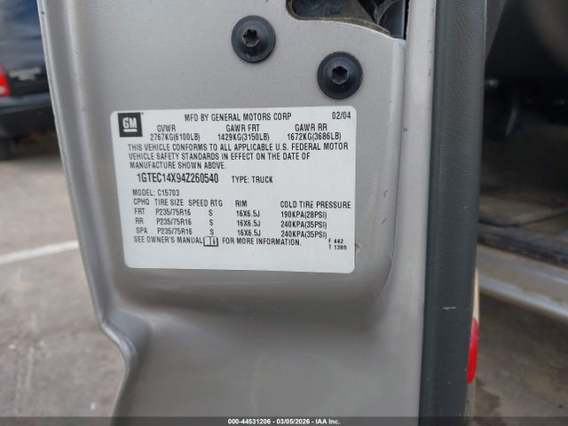 2004 Gmc Sierra 1500 მანქანა იყიდება აუქციონზე, vin: 1GTEC14X94Z260540, აუქციონის ნომერი: 44531206