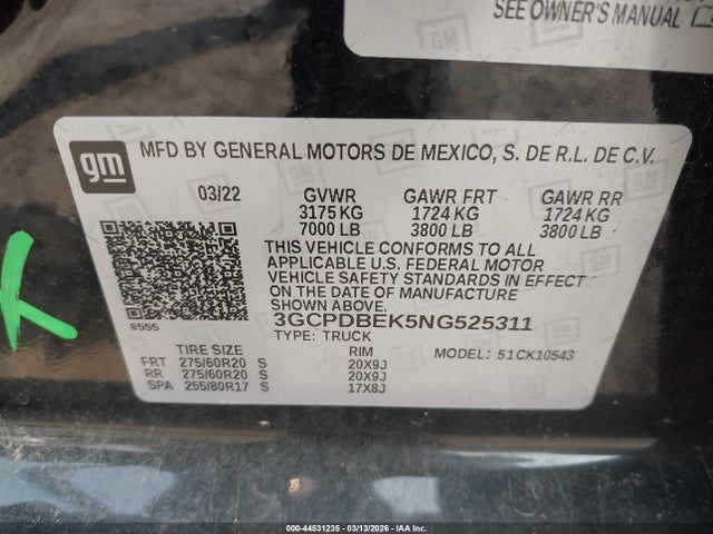 2022 Chevrolet Silverado 1500 4wd  Short Bed Custom მანქანა იყიდება აუქციონზე, vin: 3GCPDBEK5NG525311, აუქციონის ნომერი: 44531235
