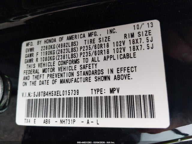 44531263 :رقم المزاد ، 5J8TB4H5XEL015739 vin ، 2014 Acura Rdx مزاد بيع
