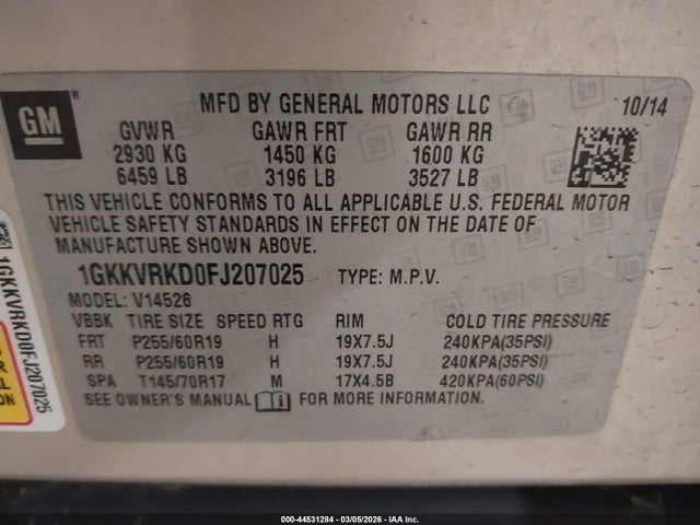 Aukcja sprzedaży 2015 Gmc Acadia Slt-1, vin: 1GKKVRKD0FJ207025, numer aukcji: 44531284