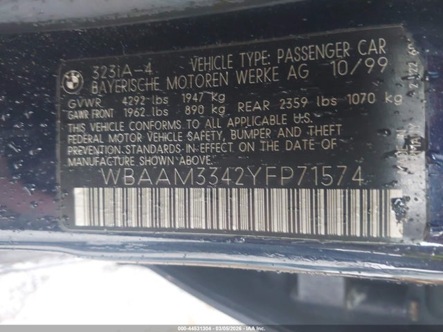 Aukcja sprzedaży 2000 Bmw 323i, vin: WBAAM3342YFP71574, numer aukcji: 44531304