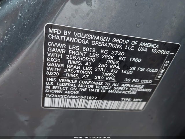 44531355 :رقم المزاد ، 1V2KR2CA6MC541877 vin ، 2021 Volkswagen Atlas 3.6l V6 Se W/technology مزاد بيع