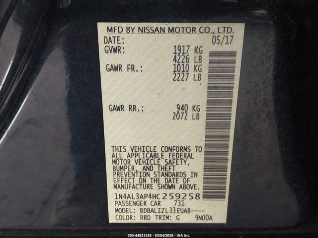 Nissan Altima 2.5 Sv 2017 1N4AL3AP4HC259258 Image 9