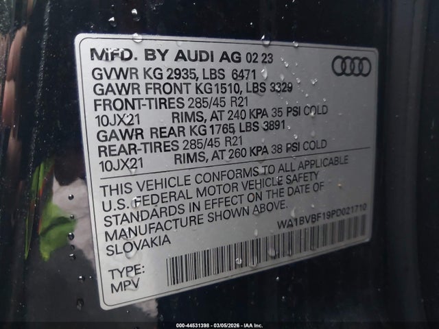 2023 Audi Q8 Premium Plus 55 Tfsi Quattro Tiptronic მანქანა იყიდება აუქციონზე, vin: WA1BVBF19PD021710, აუქციონის ნომერი: 44531398