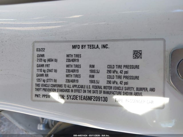 Aukcja sprzedaży 2022 Tesla Model 3 Rear-wheel Drive, vin: 5YJ3E1EA6NF209130, numer aukcji: 44531424