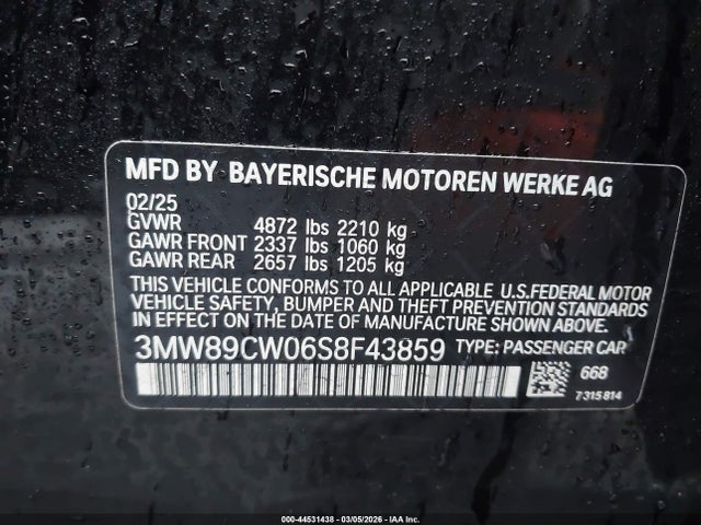 2025 Bmw 330i Xdrive მანქანა იყიდება აუქციონზე, vin: 3MW89CW06S8F43859, აუქციონის ნომერი: 44531438
