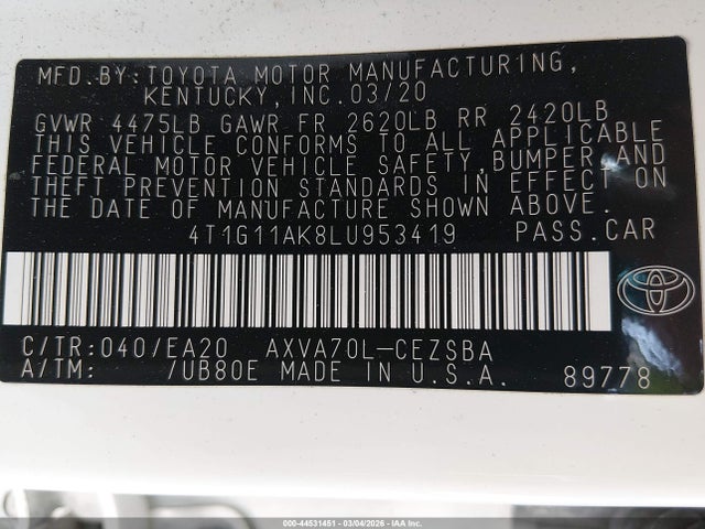 Toyota CAMRY SE 2020 4T1G11AK8LU953419 Image 9