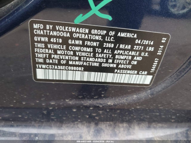 44531469 :رقم المزاد ، 1VWCS7A35EC098082 vin ، 2014 Volkswagen Passat 1.8t Sel Premium مزاد بيع