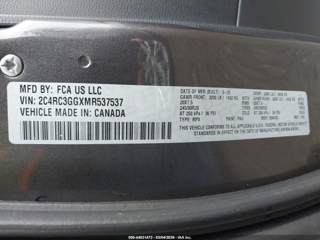 44531472 :رقم المزاد ، 2C4RC3GGXMR537537 vin ، 2021 Chrysler Pacifica Limited Awd مزاد بيع