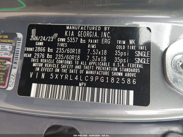 Auction sale of the 2023 Kia Sorento S, vin: 5XYRL4LC9PG182586, lot number: 44531505