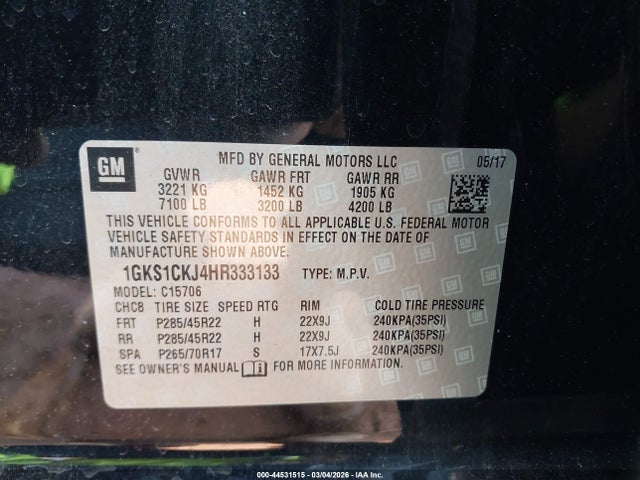 44531515 :رقم المزاد ، 1GKS1CKJ4HR333133 vin ، 2017 Gmc Yukon Denali مزاد بيع