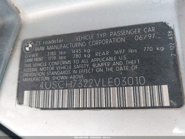 Продаж на аукціоні авто 1997 Bmw Z3 1.9l Roadster, vin: 4USCH7322VLE03010, номер лоту: 44531536
