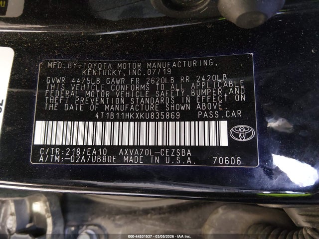 4T1B11HKXKU835869 Toyota CAMRY SE