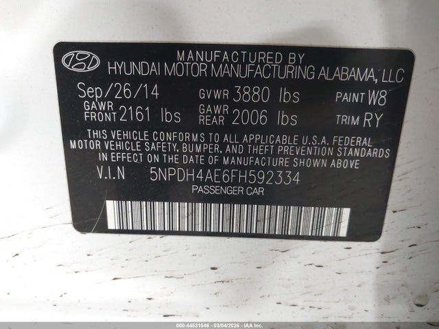 Aukcja sprzedaży 2015 Hyundai Elantra Se, vin: 5NPDH4AE6FH592334, numer aukcji: 44531546
