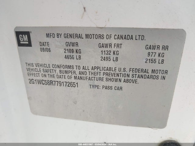44531567 :رقم المزاد ، 2G1WC58R779172651 vin ، 2007 Chevrolet Impala Lt مزاد بيع