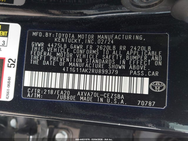 Aukcja sprzedaży 2024 Toyota Camry Se, vin: 4T1G11AK2RU899379, numer aukcji: 44531576