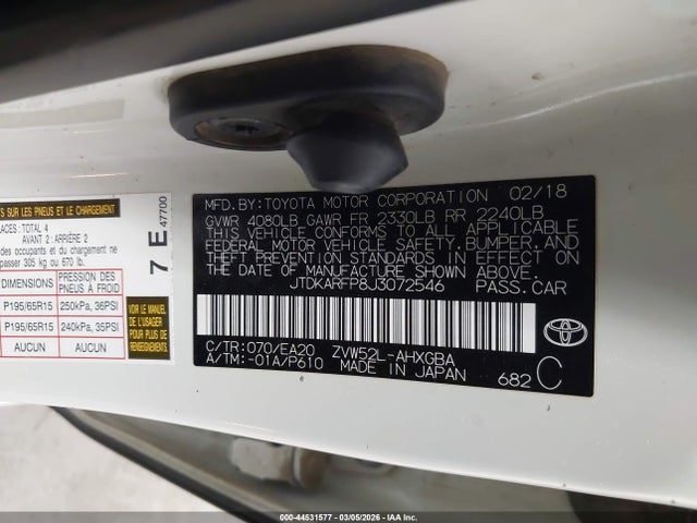 44531577 :رقم المزاد ، JTDKARFP8J3072546 vin ، 2018 Toyota Prius Prime Premium مزاد بيع