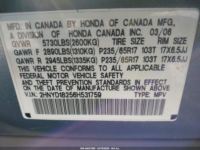 44531590 :رقم المزاد ، 2HNYD18256H531759 vin ، 2006 Acura Mdx مزاد بيع