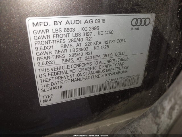 44531593 :رقم المزاد ، WA1VAAF72HD030399 vin ، 2017 Audi Q7 3.0t Premium مزاد بيع