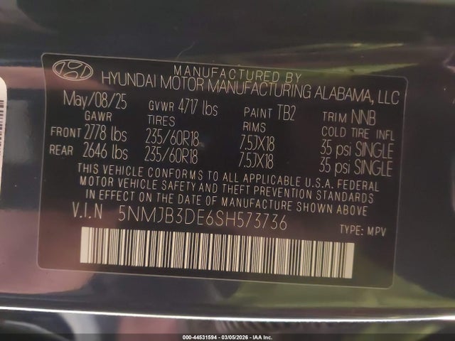2025 Hyundai Tucson Sel მანქანა იყიდება აუქციონზე, vin: 5NMJB3DE6SH573736, აუქციონის ნომერი: 44531594