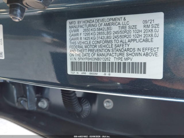 Honda Pilot Awd Elite 2022 5FNYF6H03NB013262 Image 9