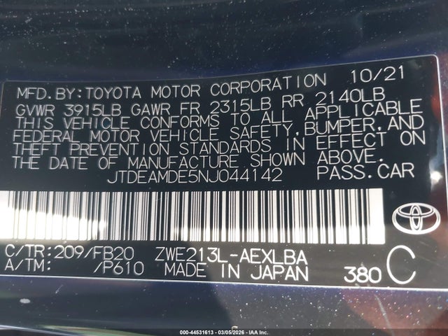Toyota Corolla Hybrid Le 2022 JTDEAMDE5NJ044142 Image 9